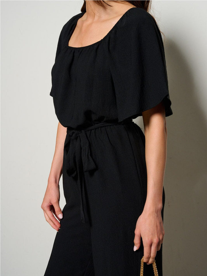 WOMEN'S SHORT SLEEVE SELF TIE WIDE LEG JUMPSUIT