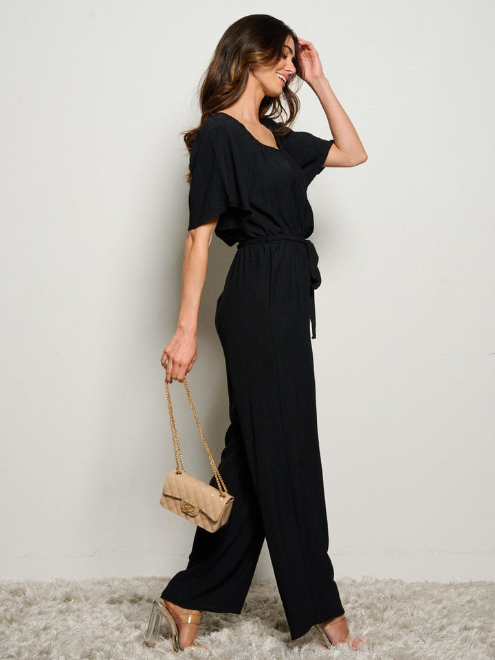 WOMEN'S SHORT SLEEVE SELF TIE WIDE LEG JUMPSUIT