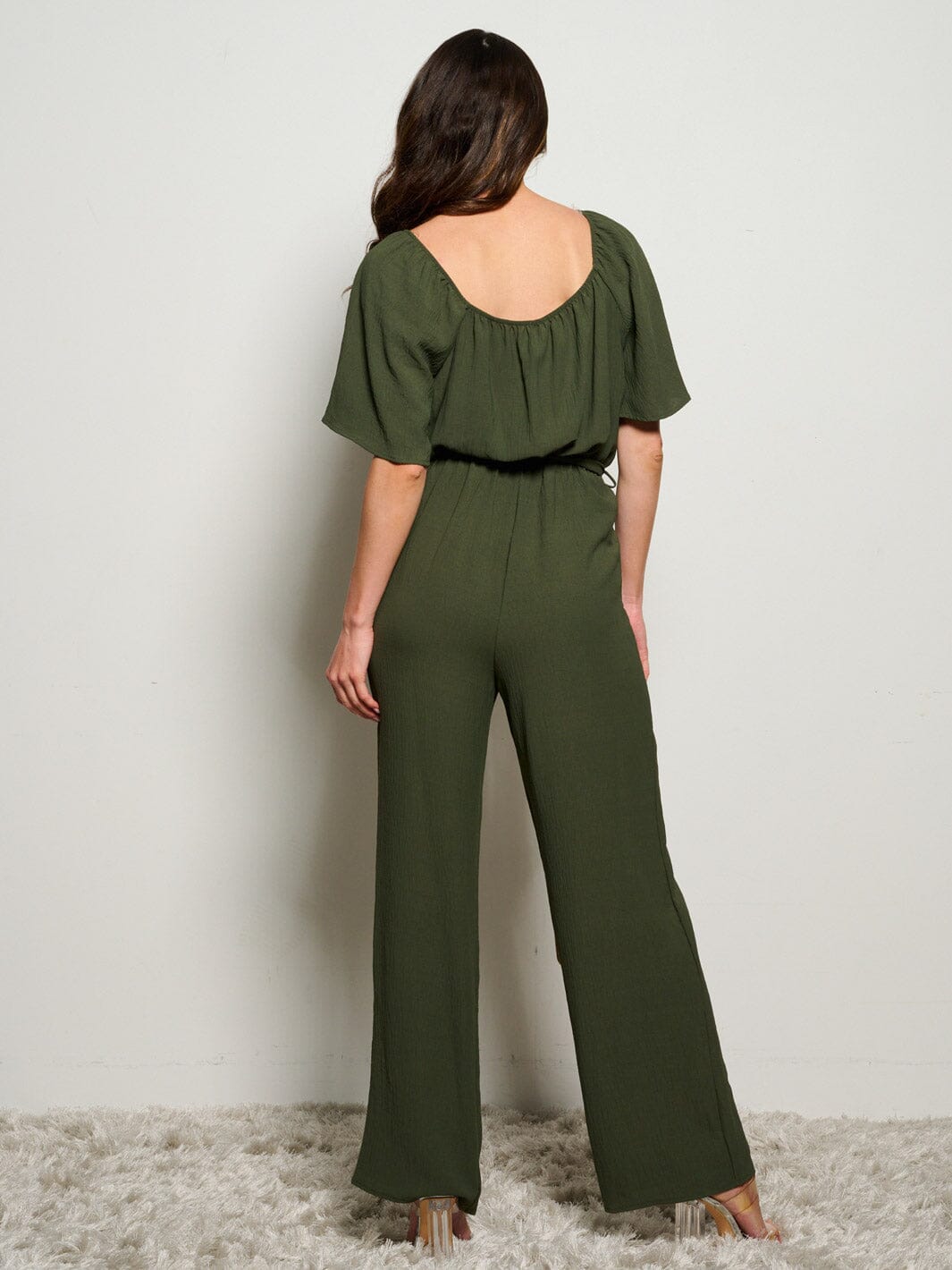 WOMEN'S SHORT SLEEVE SELF TIE WIDE LEG JUMPSUIT