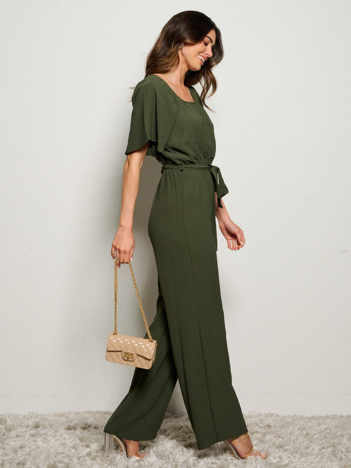 WOMEN'S SHORT SLEEVE SELF TIE WIDE LEG JUMPSUIT