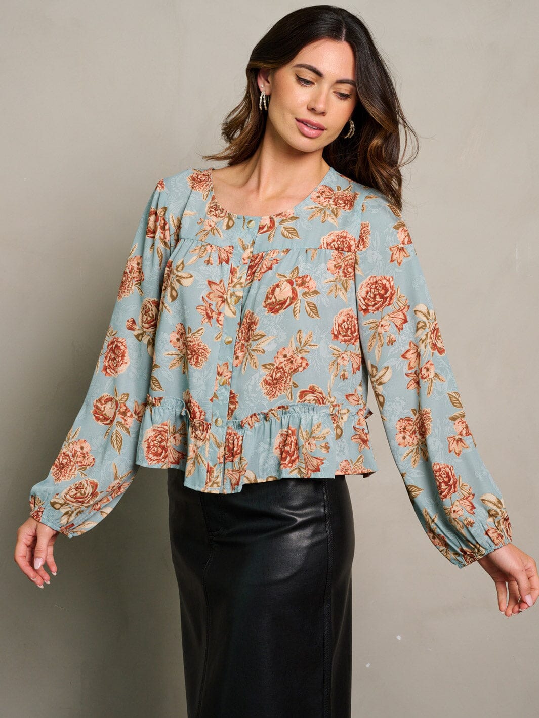 WOMEN'S LONG SLEEVE BUTTON UP LOOSE FIT FLORAL BLOUSE TOP