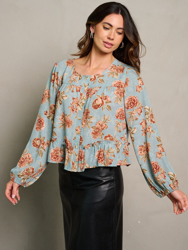 WOMEN'S LONG SLEEVE BUTTON UP LOOSE FIT FLORAL BLOUSE TOP