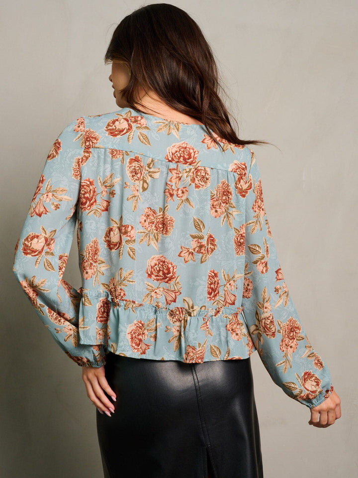 WOMEN'S LONG SLEEVE BUTTON UP LOOSE FIT FLORAL BLOUSE TOP