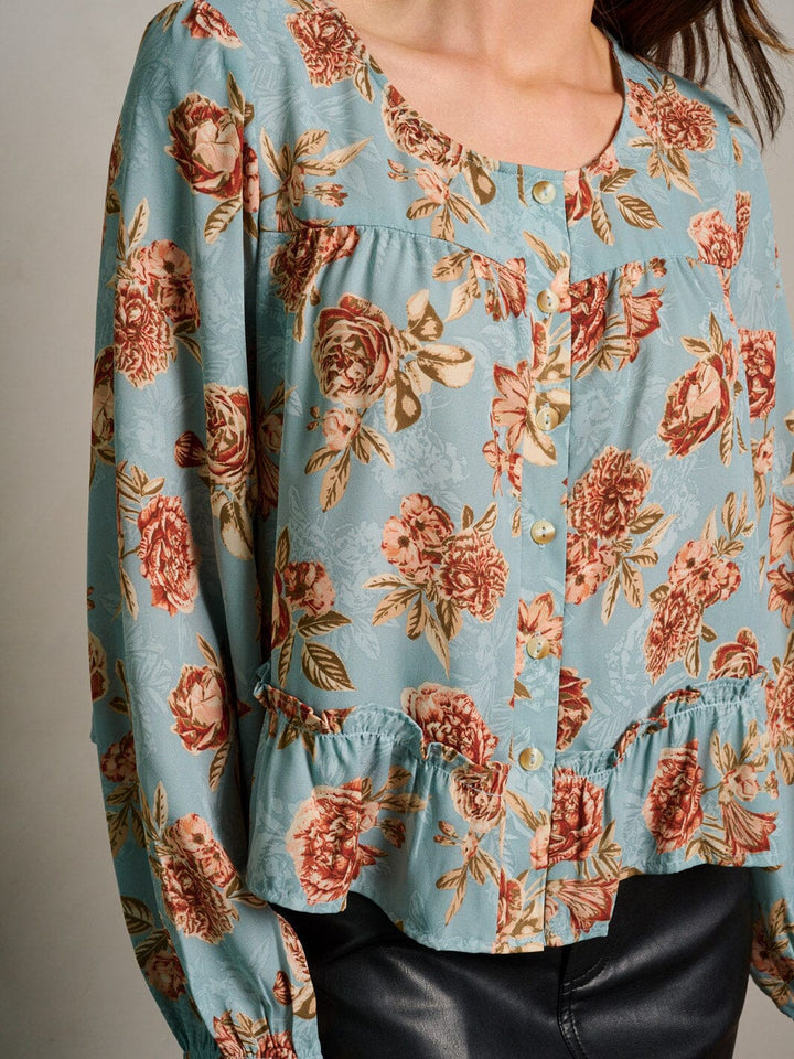 WOMEN'S LONG SLEEVE BUTTON UP LOOSE FIT FLORAL BLOUSE TOP