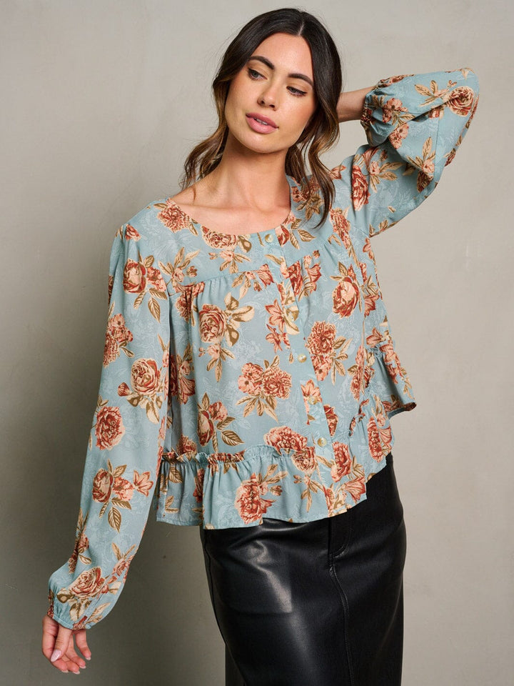WOMEN'S LONG SLEEVE BUTTON UP LOOSE FIT FLORAL BLOUSE TOP