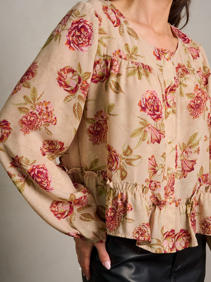 WOMEN'S LONG SLEEVE BUTTON UP LOOSE FIT FLORAL BLOUSE TOP