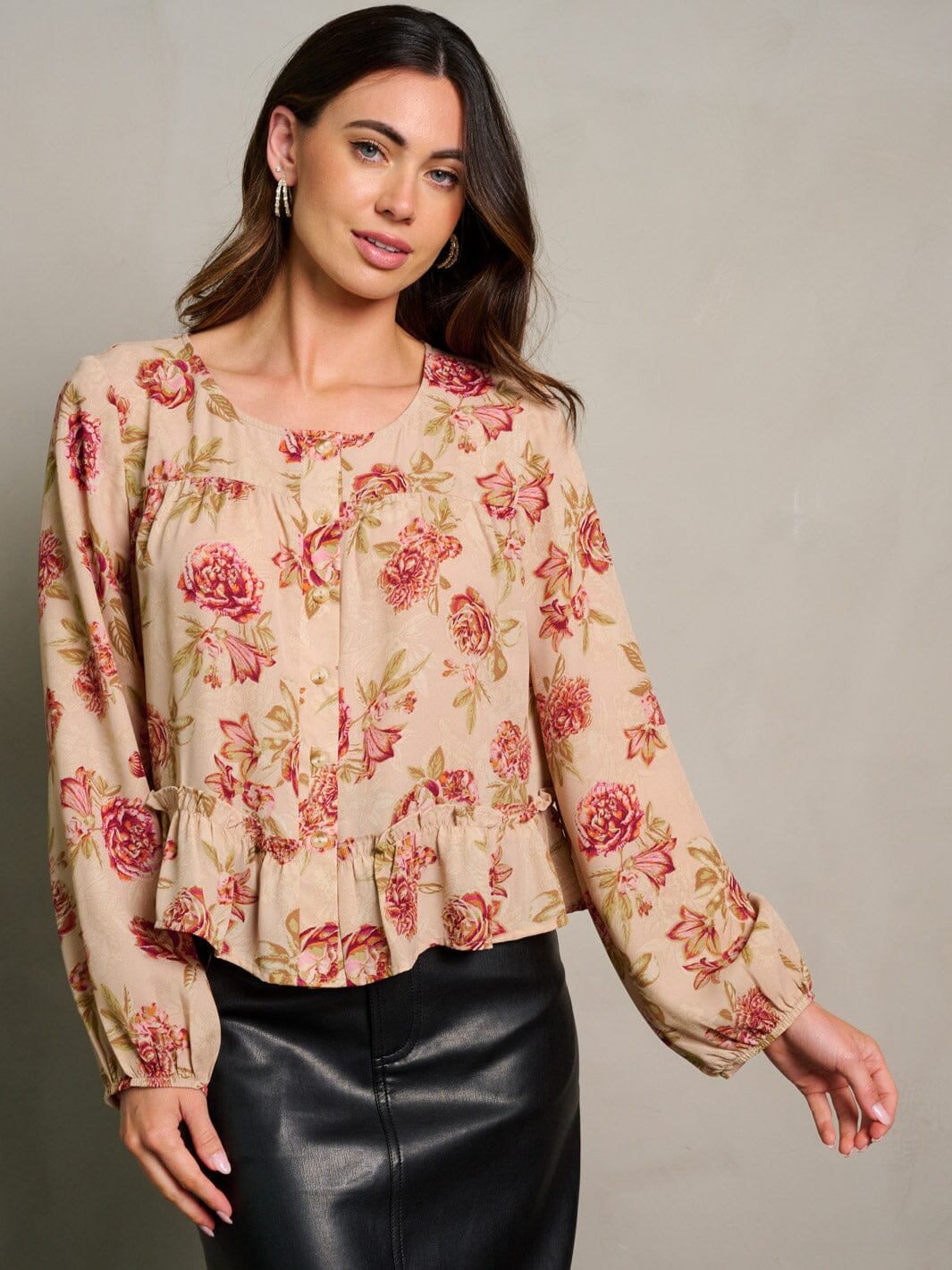 WOMEN'S LONG SLEEVE BUTTON UP LOOSE FIT FLORAL BLOUSE TOP