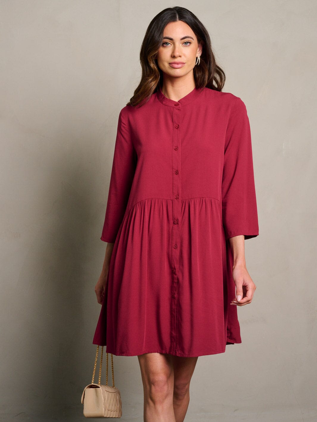 WOMEN'S 3/4 SLEEVE BUTTON UP LOOSE FIT MINI DRESS