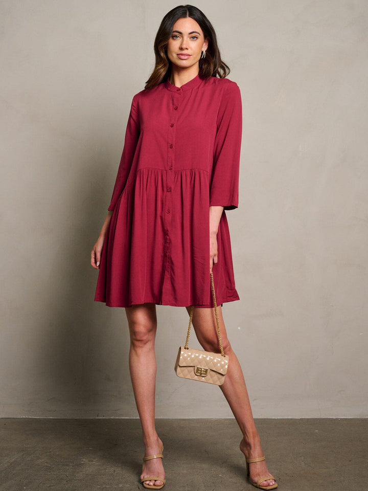WOMEN'S 3/4 SLEEVE BUTTON UP LOOSE FIT MINI DRESS
