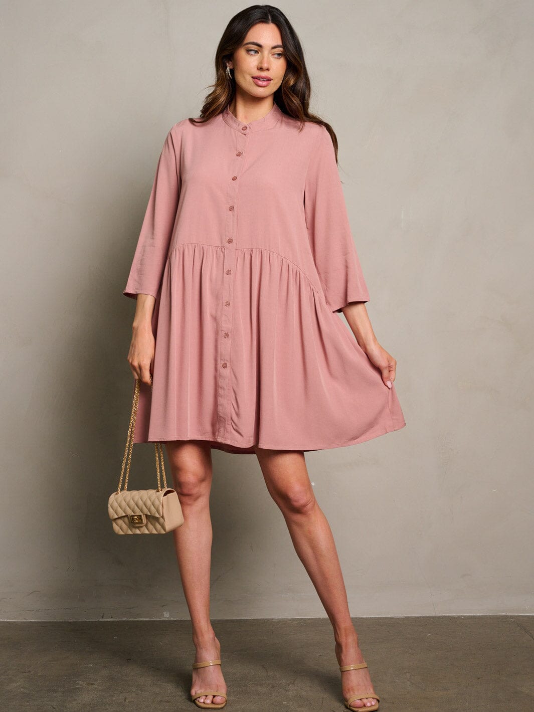 WOMEN'S 3/4 SLEEVE BUTTON UP LOOSE FIT MINI DRESS