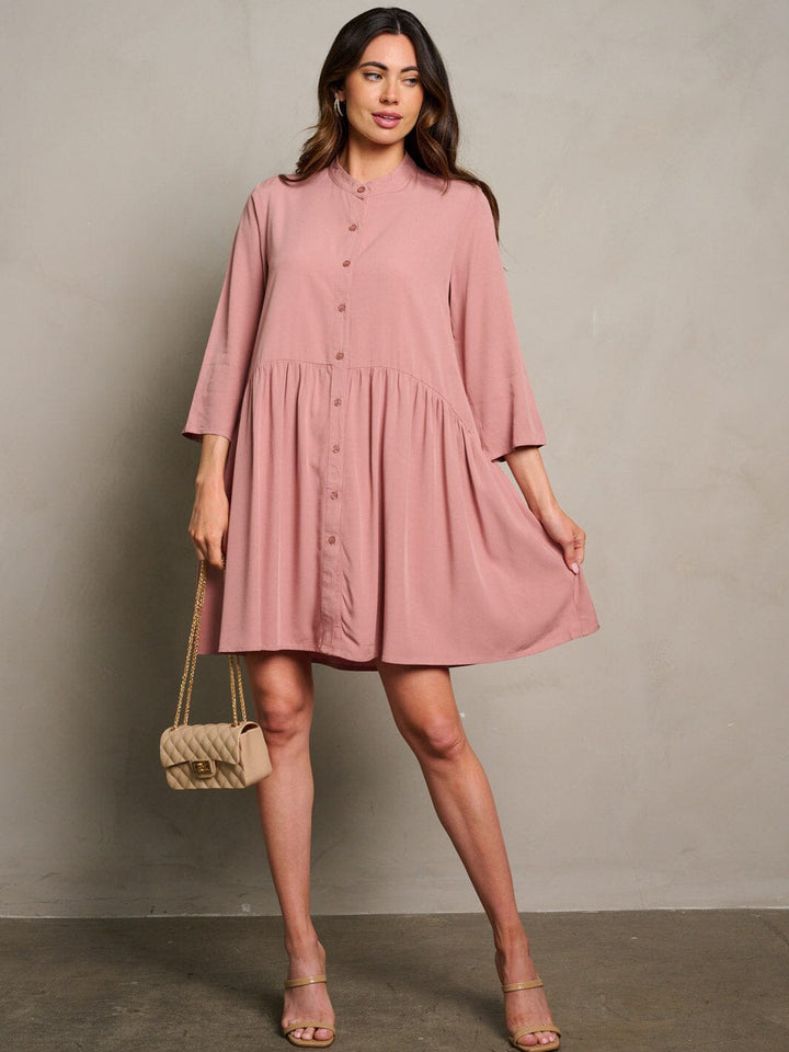 WOMEN'S 3/4 SLEEVE BUTTON UP LOOSE FIT MINI DRESS