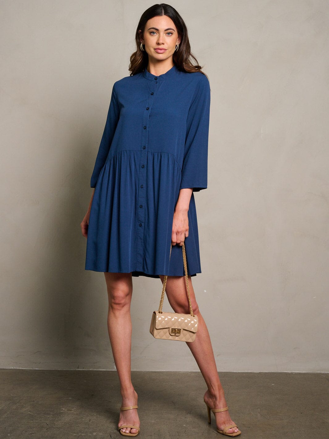 WOMEN'S 3/4 SLEEVE BUTTON UP LOOSE FIT MINI DRESS