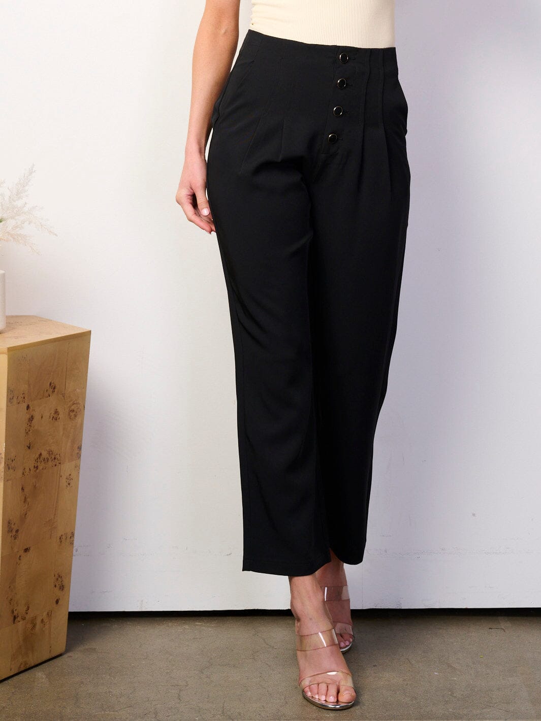 WOMEN'S BUTTON UP FRONT POCKETS WIDE LEG PANTS