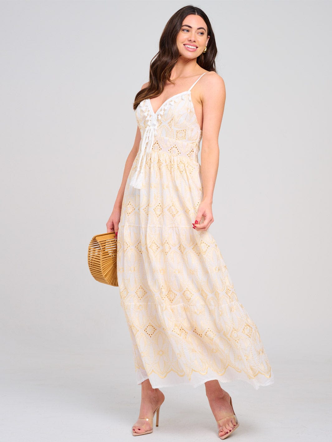 WOMEN'S SLEEVELESS V-NECK SMOCK EYELET EMBROIDERY MAXI DRESS