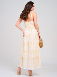 WOMEN'S SLEEVELESS V-NECK SMOCK EYELET EMBROIDERY MAXI DRESS