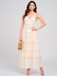WOMEN'S SLEEVELESS V-NECK SMOCK EYELET EMBROIDERY MAXI DRESS