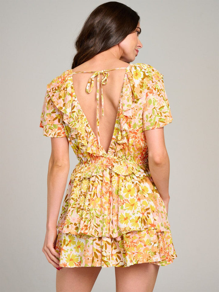 WOMEN'S SHORT SLEEVE V-NECK RUFFLE TIERED FLORAL ROMPER