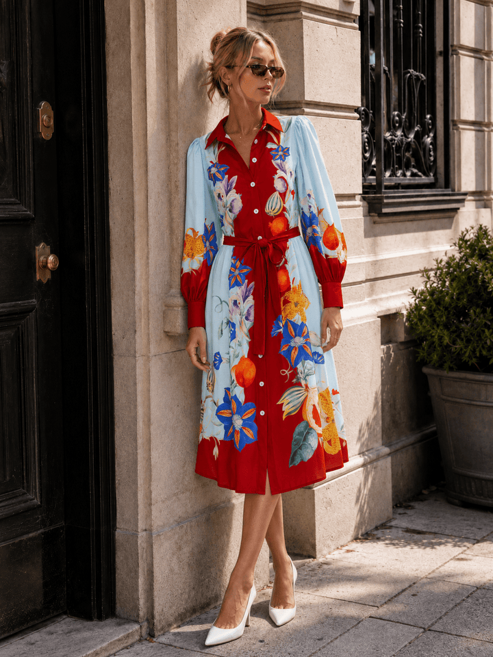 WOMEN'S LONG SLEEVE SELF TIE BUTTON UP MULTI PRINT MIDI DRESS
