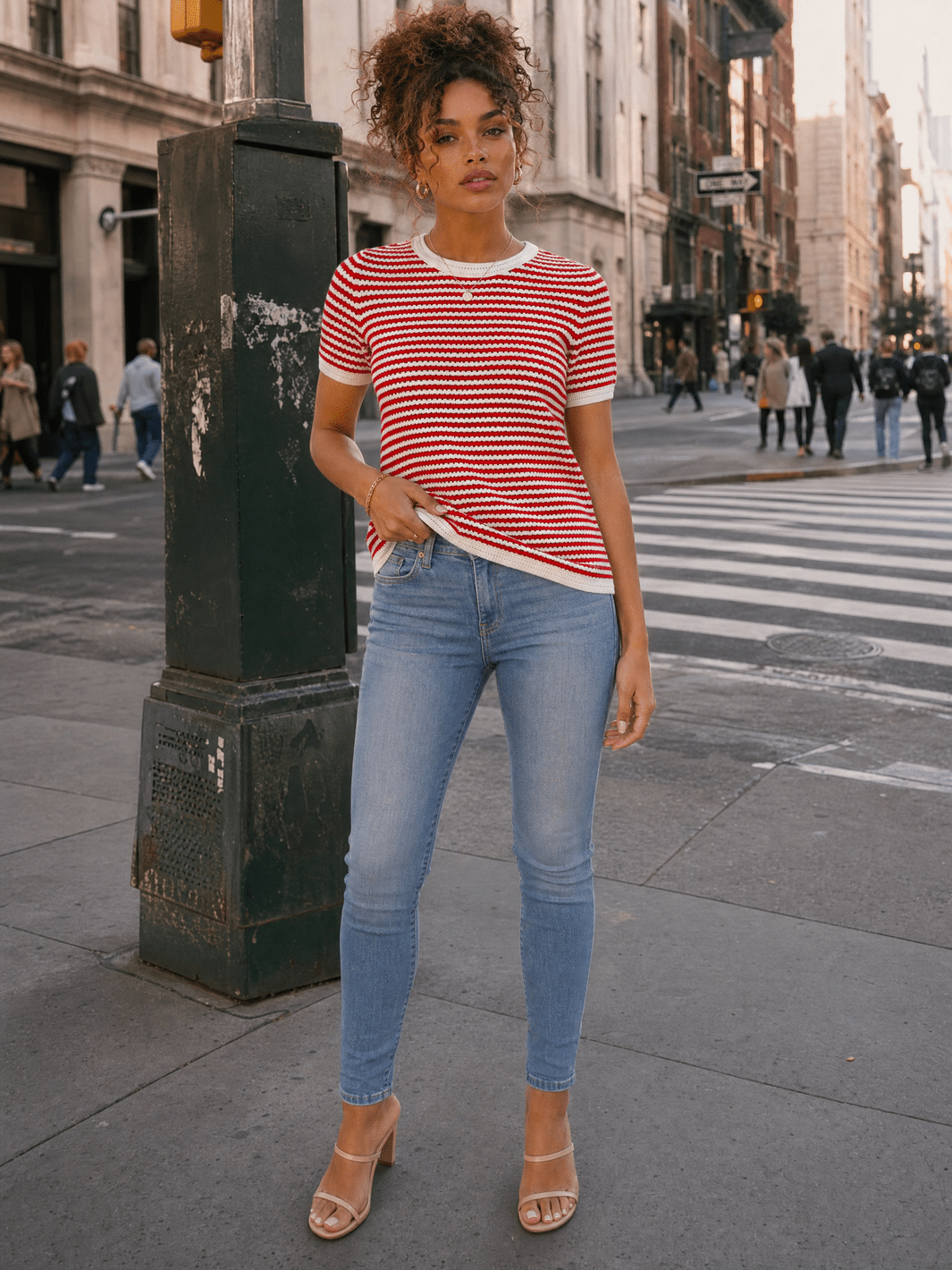 WOMEN'S SHORT SLEEVE COLORBLOCK STRIPES KNIT TOP
