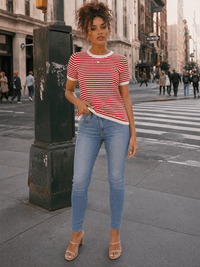 WOMEN'S SHORT SLEEVE COLORBLOCK STRIPES KNIT TOP