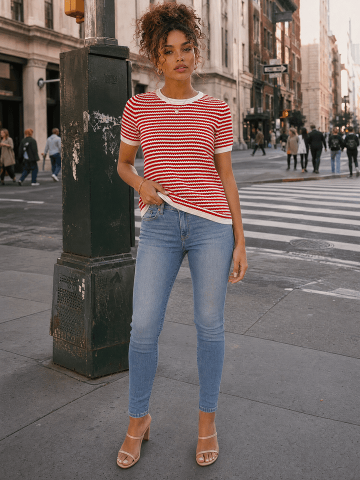 WOMEN'S SHORT SLEEVE COLORBLOCK STRIPES KNIT TOP