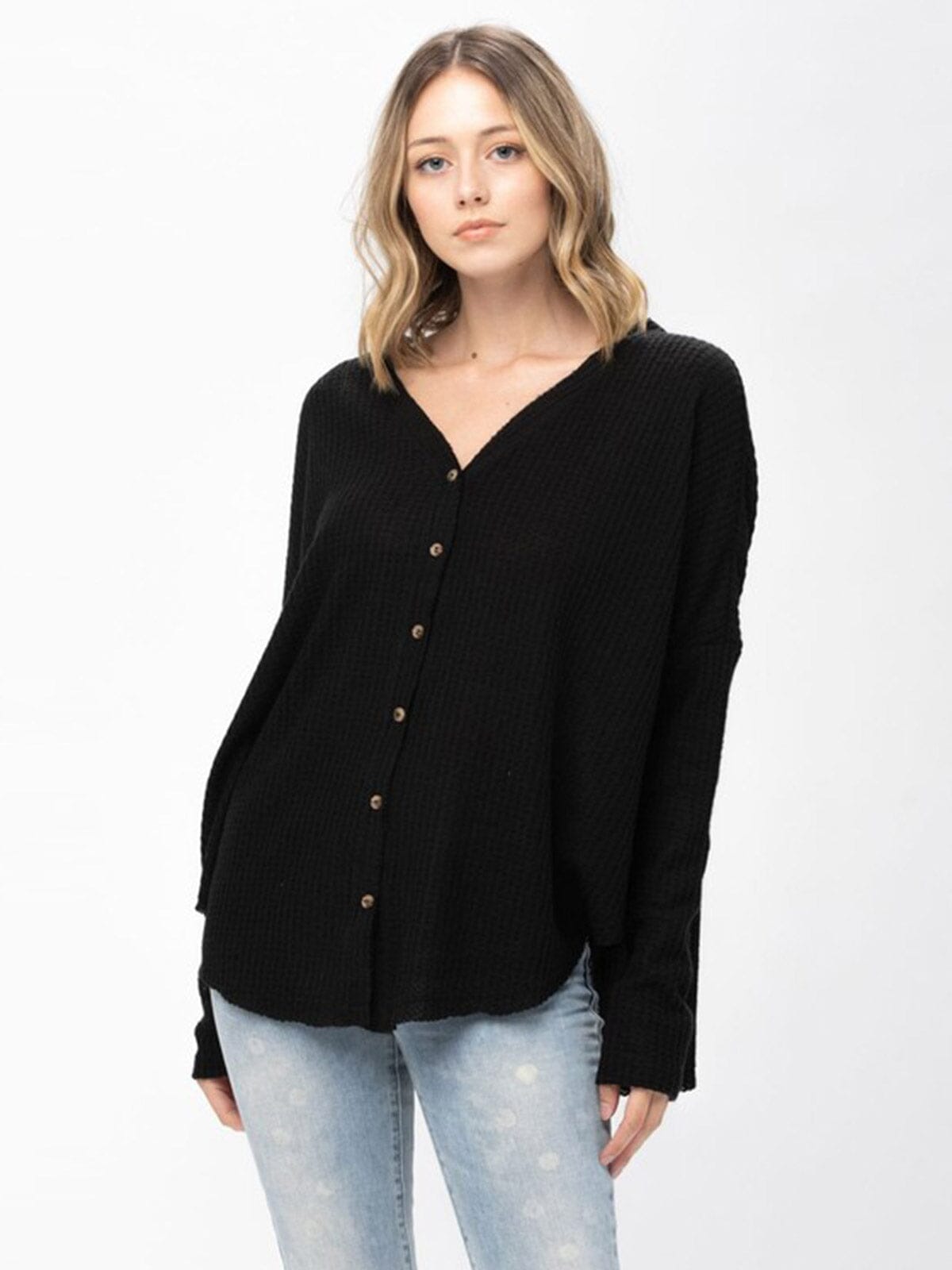 WOMEN'S LONG SLEEVE V-NECK BUTTON UP HIGH-LOW TUNIC WAFFLE BLOUSE