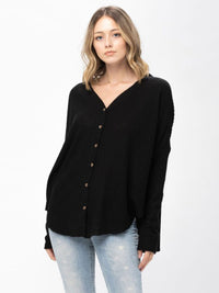 WOMEN'S LONG SLEEVE V-NECK BUTTON UP HIGH-LOW TUNIC WAFFLE BLOUSE