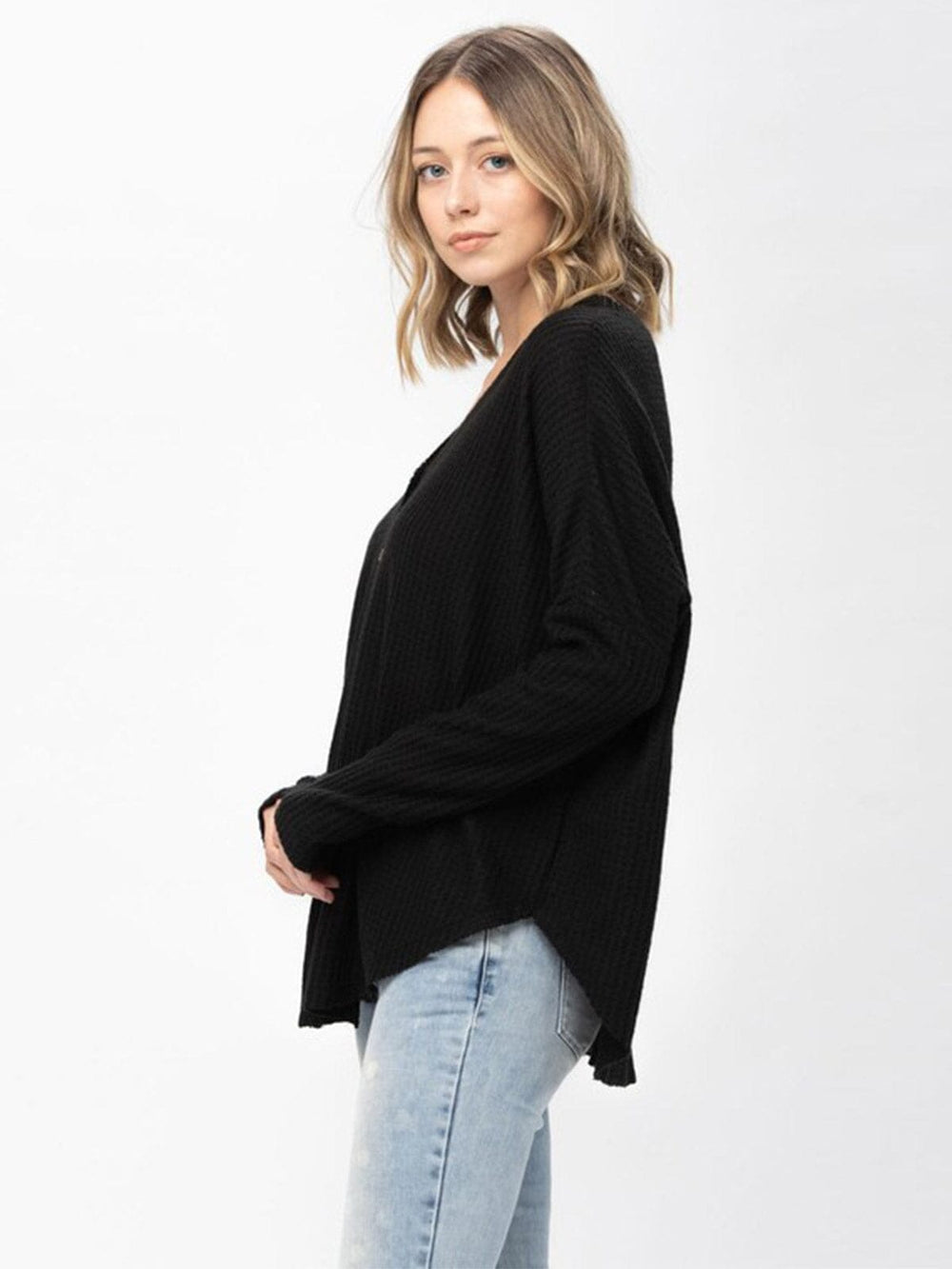 WOMEN'S LONG SLEEVE V-NECK BUTTON UP HIGH-LOW TUNIC WAFFLE BLOUSE