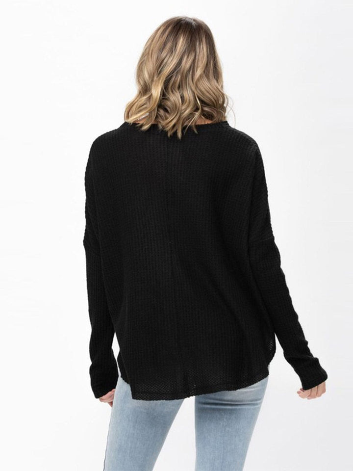 WOMEN'S LONG SLEEVE V-NECK BUTTON UP HIGH-LOW TUNIC WAFFLE BLOUSE