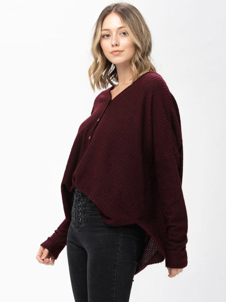 WOMEN'S LONG SLEEVE V-NECK BUTTON UP HIGH-LOW TUNIC WAFFLE BLOUSE