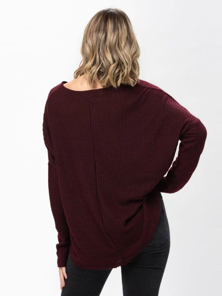 WOMEN'S LONG SLEEVE V-NECK BUTTON UP HIGH-LOW TUNIC WAFFLE BLOUSE