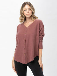WOMEN'S LONG SLEEVE V-NECK BUTTON UP HIGH-LOW TUNIC WAFFLE BLOUSE