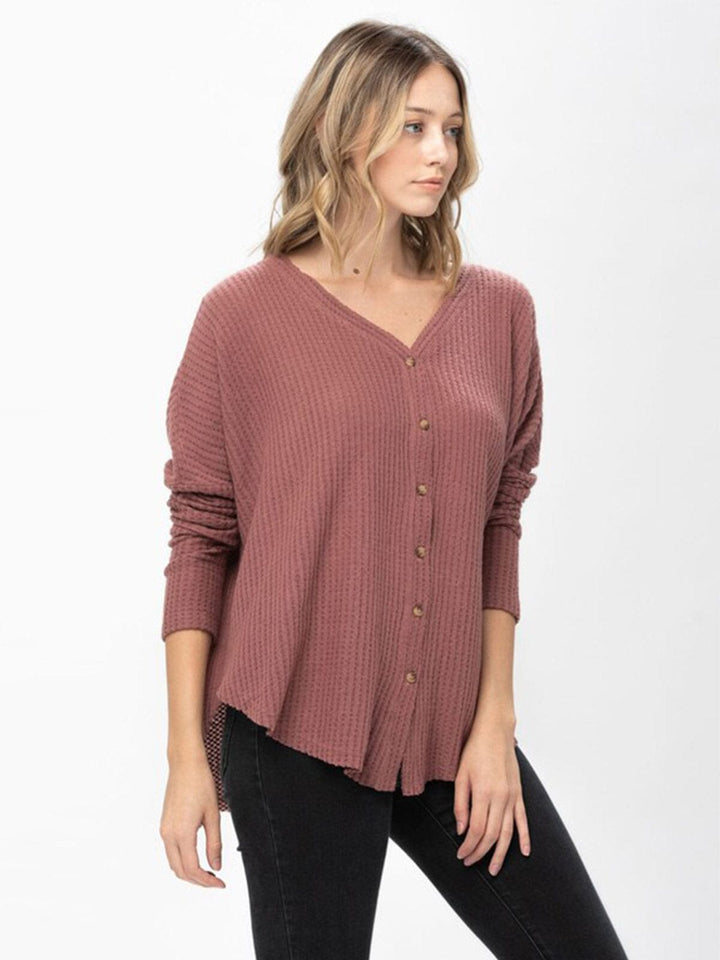 WOMEN'S LONG SLEEVE V-NECK BUTTON UP HIGH-LOW TUNIC WAFFLE BLOUSE