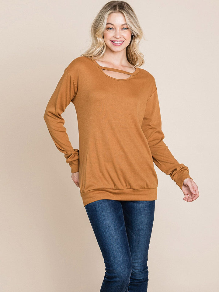 WOMEN'S LONG SLEEVE DETAILED SOLID TOP