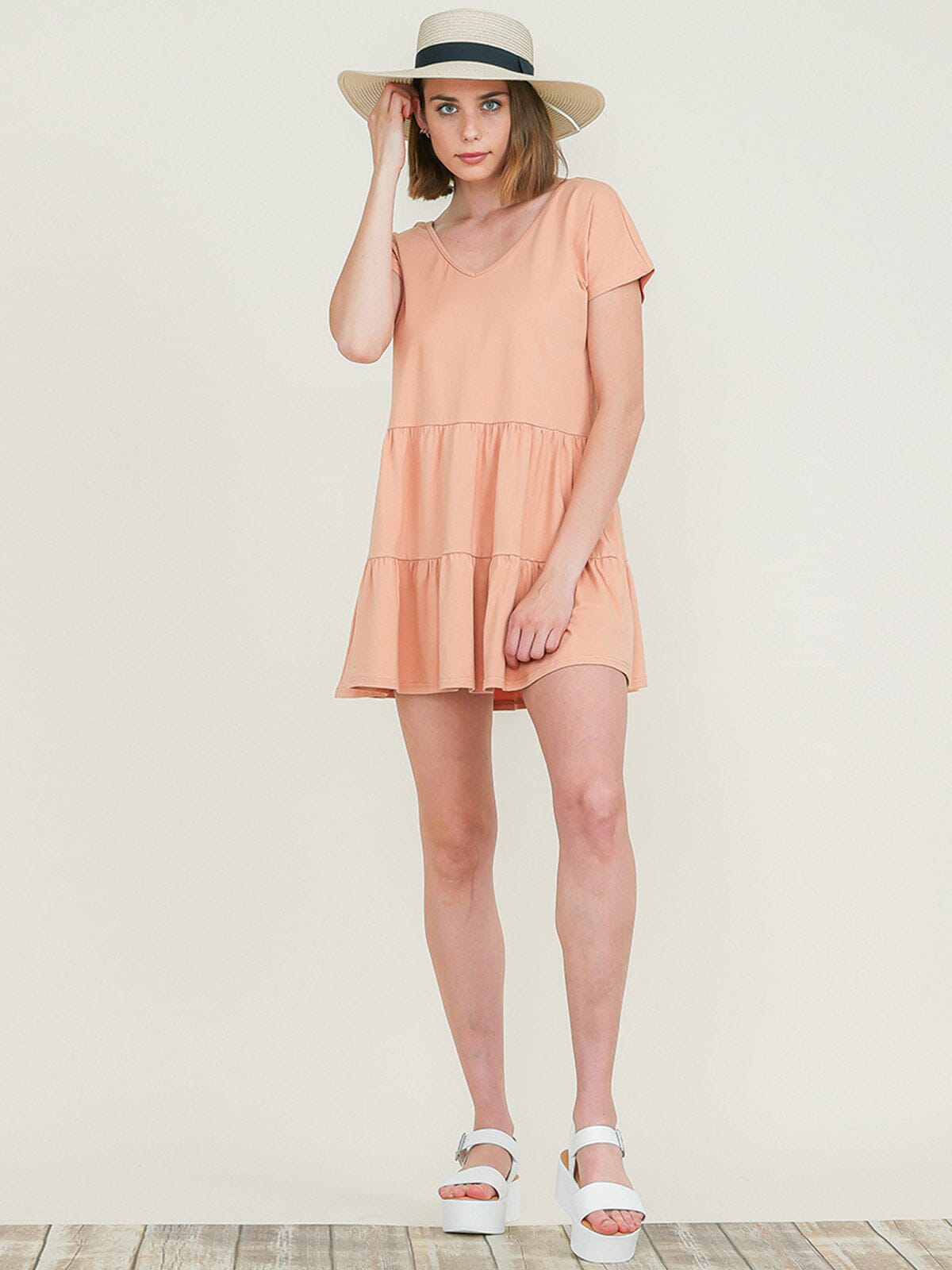 WOMEN'S SHORT SLEEVE V-NECK TIERED TUNIC MINI DRESS