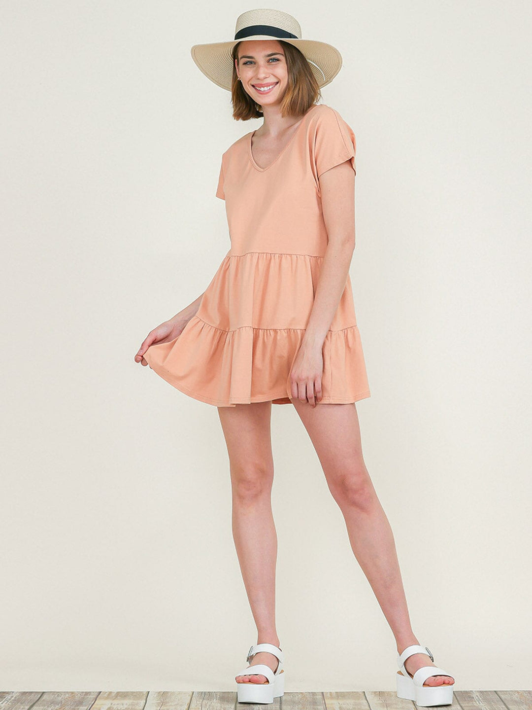 WOMEN'S SHORT SLEEVE V-NECK TIERED TUNIC MINI DRESS