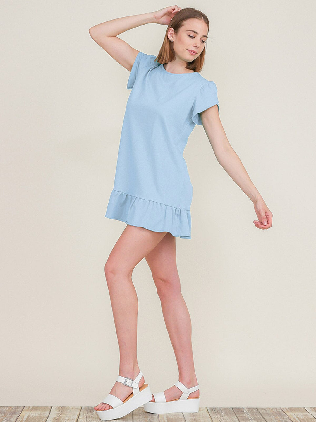 WOMEN'S SHORT SLEEVE RUFFLE BOTTOM HEM TUNIC MINI DRESS