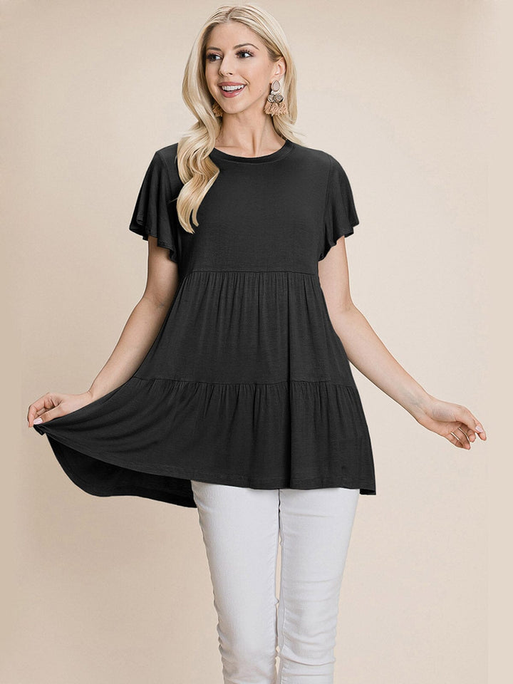 WOMEN'S SHORT SLEEVE LOOSE FIT TIERED TUNIC TOP