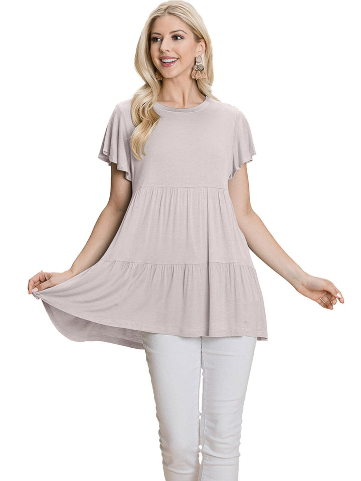 WOMEN'S SHORT SLEEVE LOOSE FIT TIERED TUNIC TOP