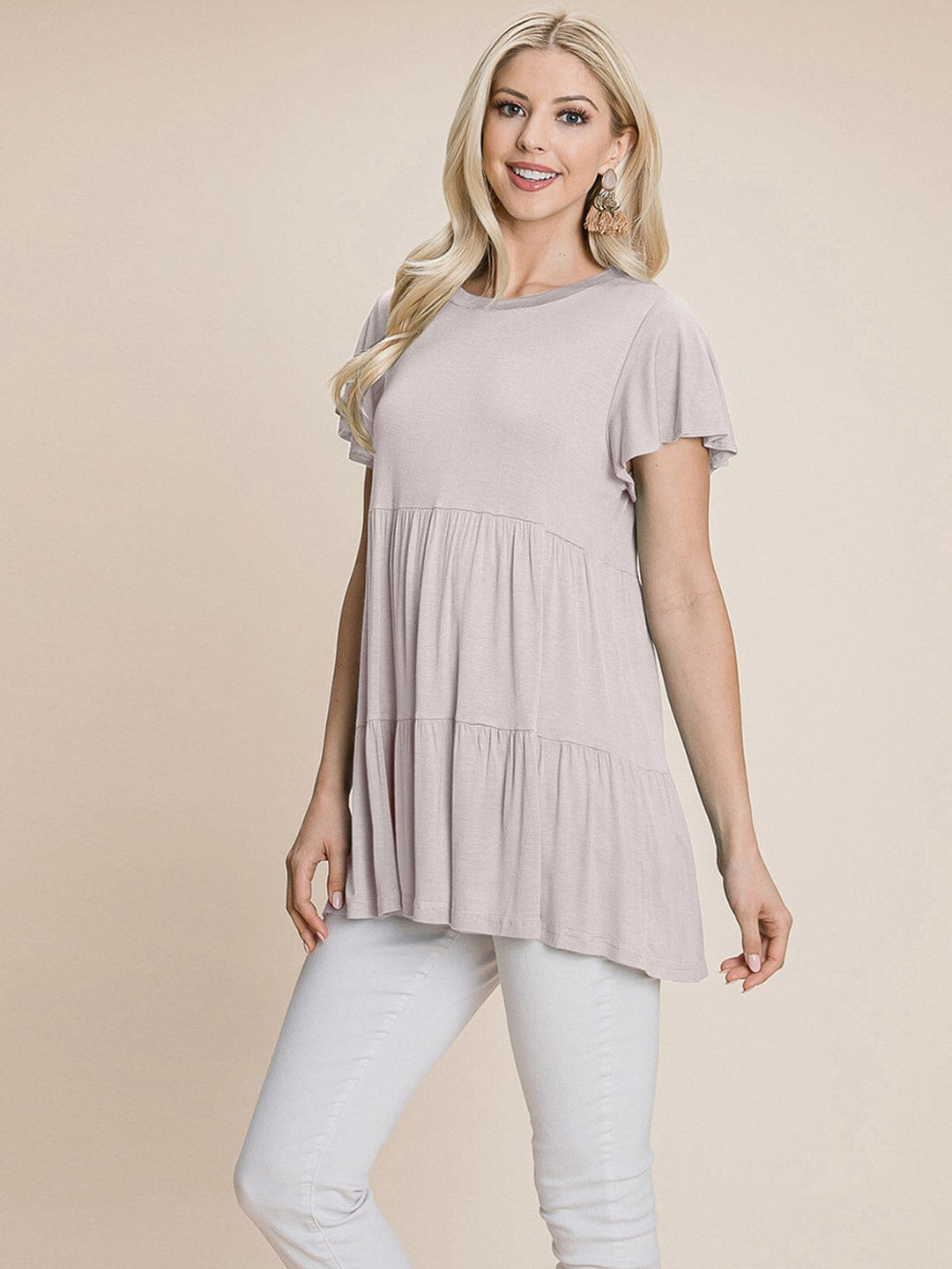 WOMEN'S SHORT SLEEVE LOOSE FIT TIERED TUNIC TOP