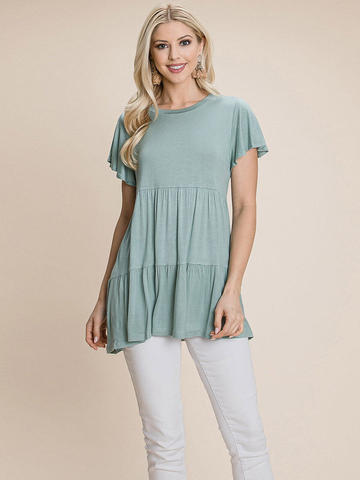 WOMEN'S SHORT SLEEVE LOOSE FIT TIERED TUNIC TOP