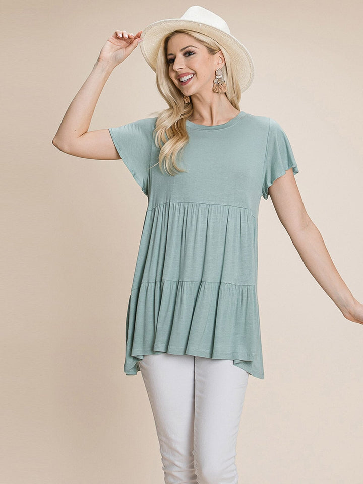 WOMEN'S SHORT SLEEVE LOOSE FIT TIERED TUNIC TOP