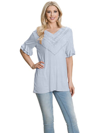 WOMEN'S SHORT RUFFLE SLEEVE V-NECK CRICHET DETAILED TOP