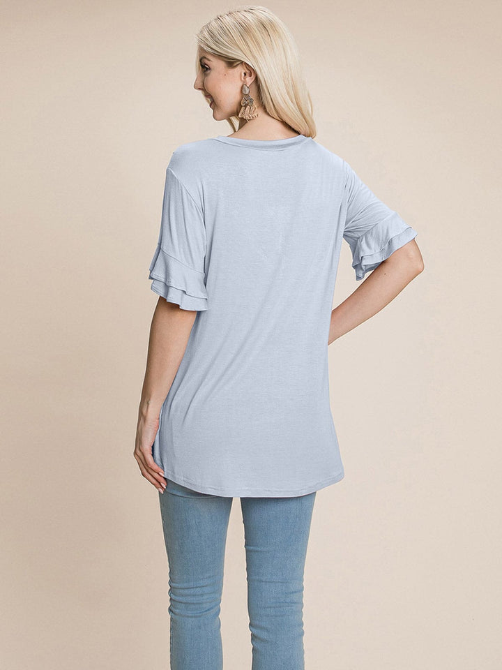 WOMEN'S SHORT RUFFLE SLEEVE V-NECK CRICHET DETAILED TOP