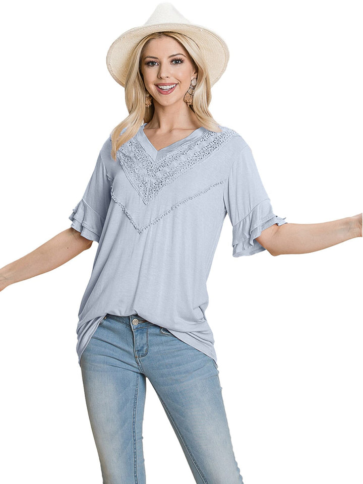WOMEN'S SHORT RUFFLE SLEEVE V-NECK CRICHET DETAILED TOP