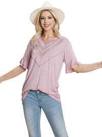 WOMEN'S SHORT RUFFLE SLEEVE V-NECK CRICHET DETAILED TOP