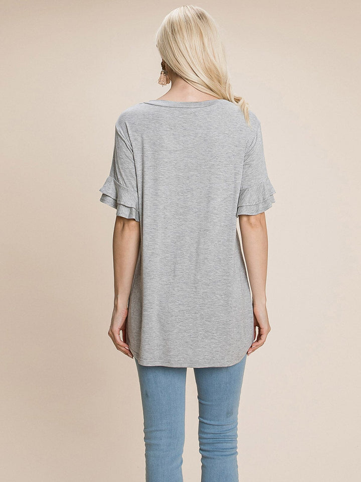 WOMEN'S SHORT RUFFLE SLEEVE V-NECK CRICHET DETAILED TOP