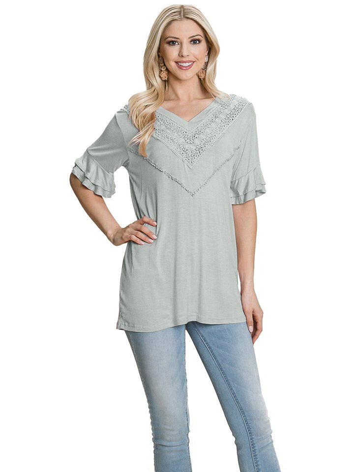WOMEN'S SHORT RUFFLE SLEEVE V-NECK CRICHET DETAILED TOP