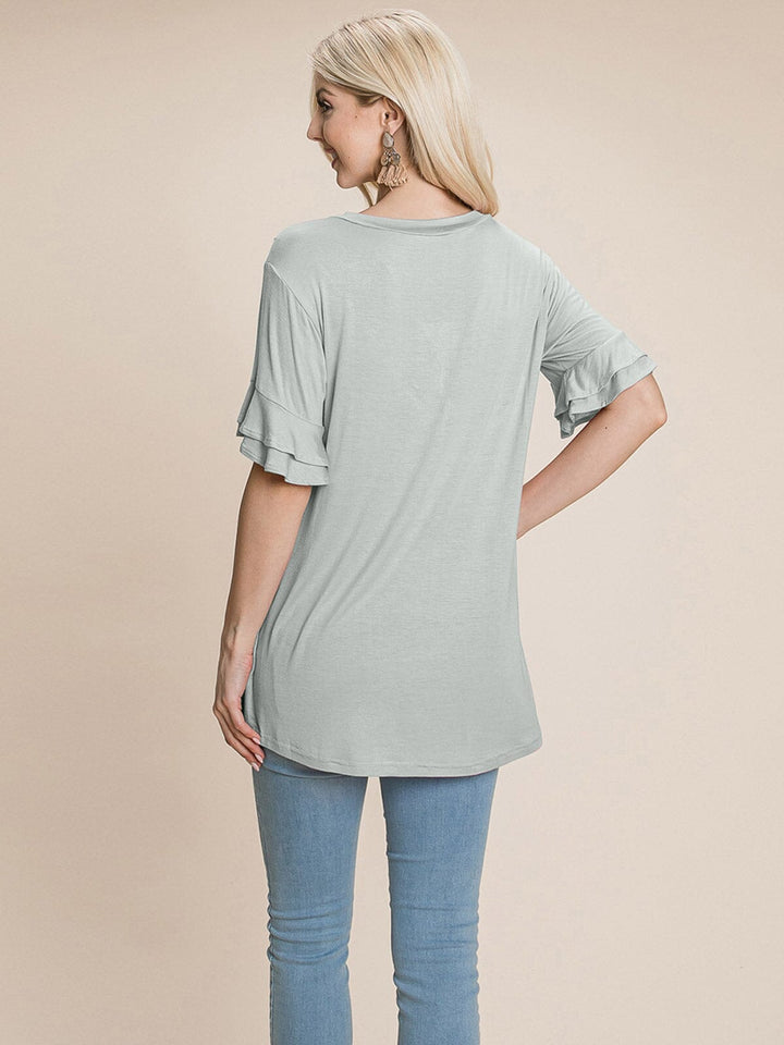 WOMEN'S SHORT RUFFLE SLEEVE V-NECK CRICHET DETAILED TOP