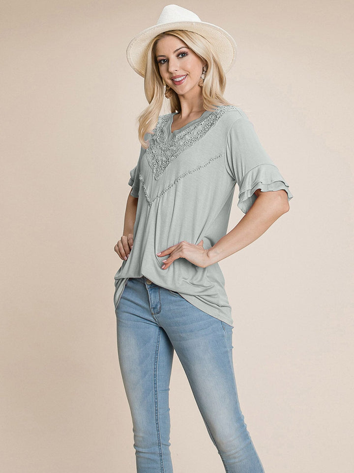 WOMEN'S SHORT RUFFLE SLEEVE V-NECK CRICHET DETAILED TOP